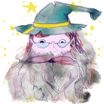 Digital head shot drawing of a wizard. Green pointy, bent hat. Gray, splattered, scraggly beard. Yellow stars are scattered behind them.