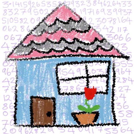 digital drawing of a house with many digits of pi in the background